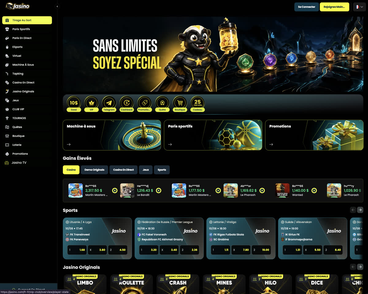 Page d&rsquo;accueil de Jasino Casino avec le bonus de bienvenue et les jeux en vedette