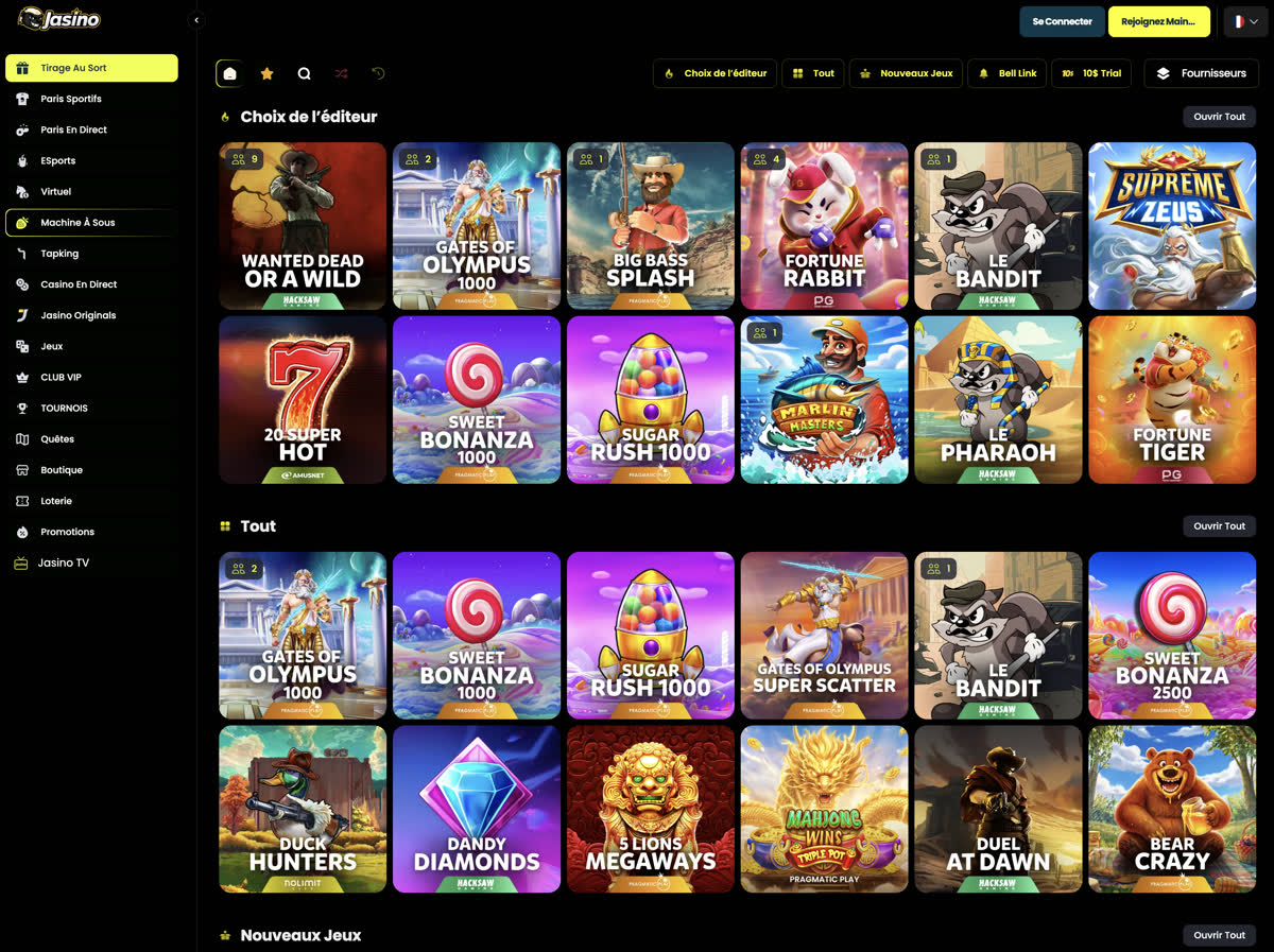 Catalogue de machines &agrave; sous sur Jasino Casino : Gates of Olympus, Sweet Bonanza, Sugar Rush