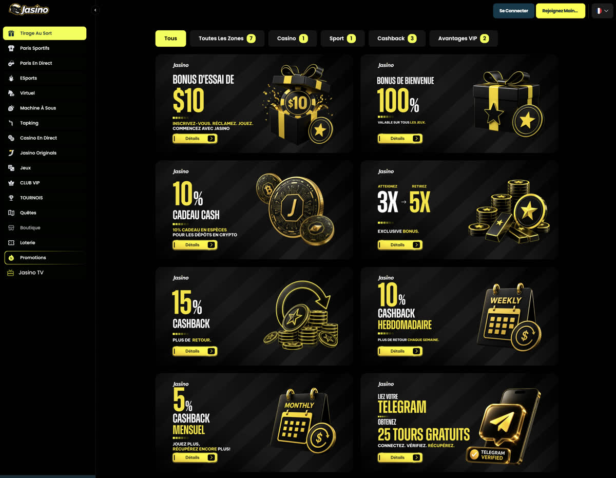Page des promotions Jasino Casino : bonus d&rsquo;essai 10 dollars et bonus de bienvenue 100 pourcent